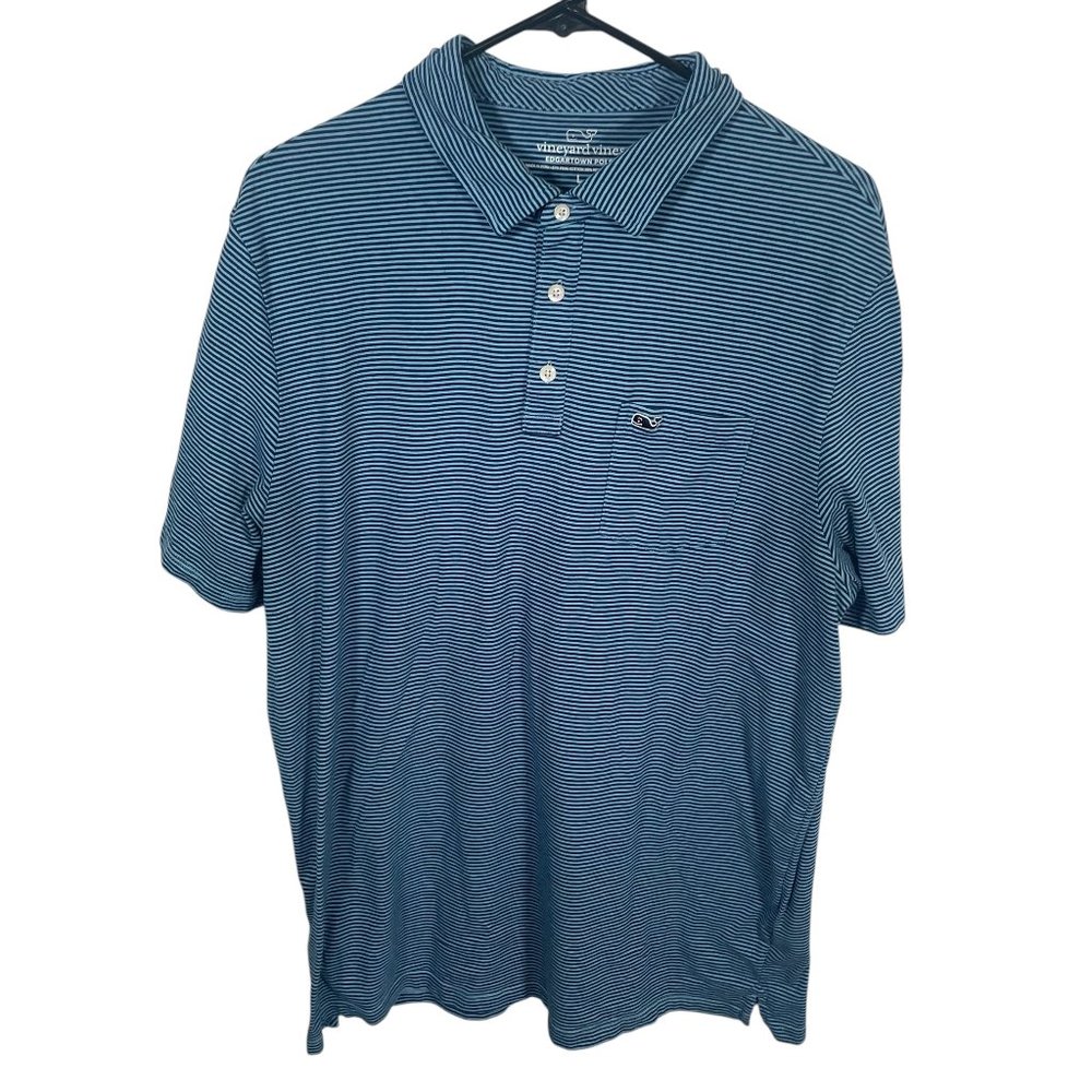 Vineyard Vines Edgartown Polo Shirt Mens Large Blue Striped Whale Logo Pima SS